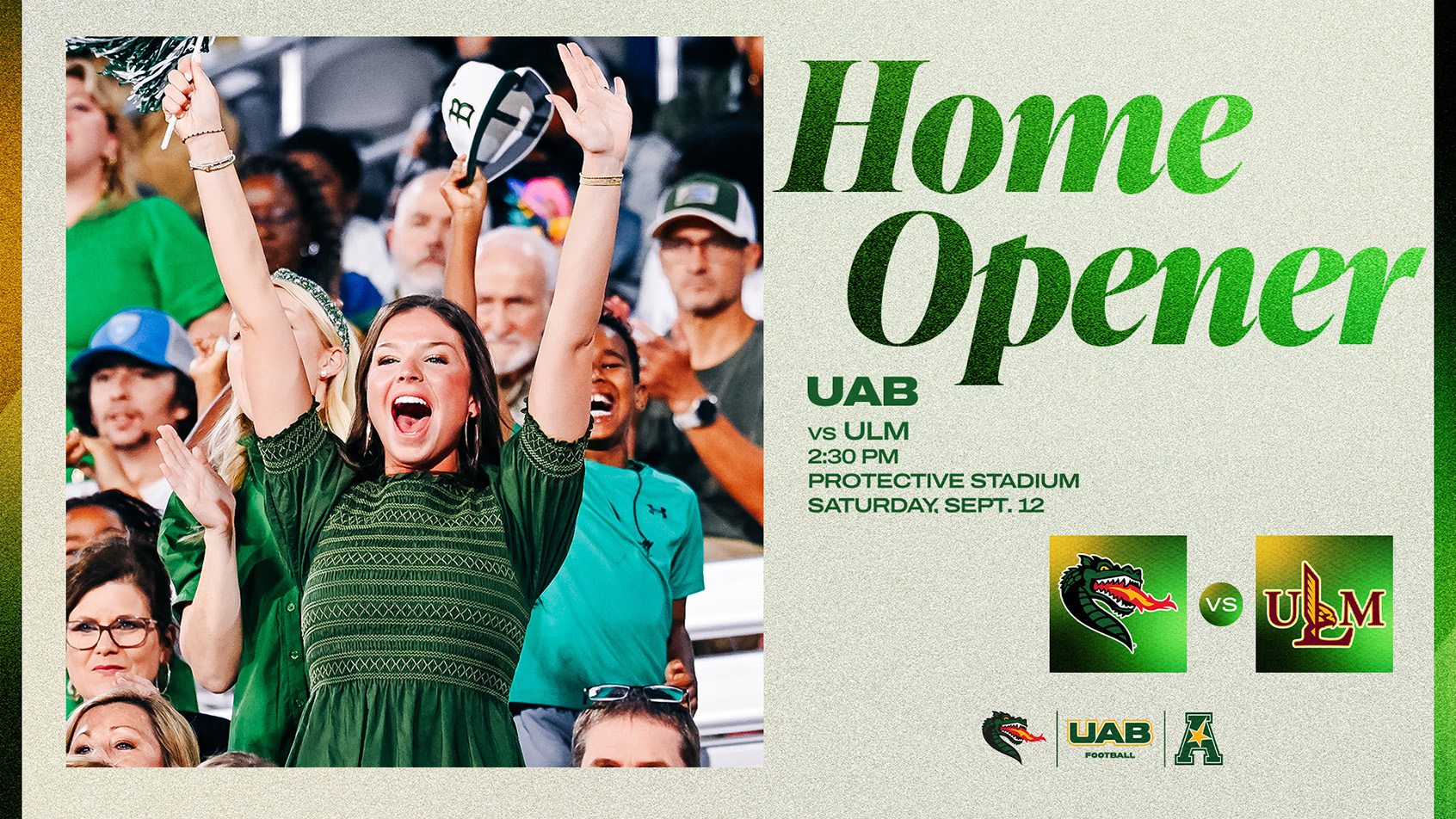 Blazer Football home opener: UAB vs ULM 2:30pm, Saturday, September 12 at Protective Stadium.