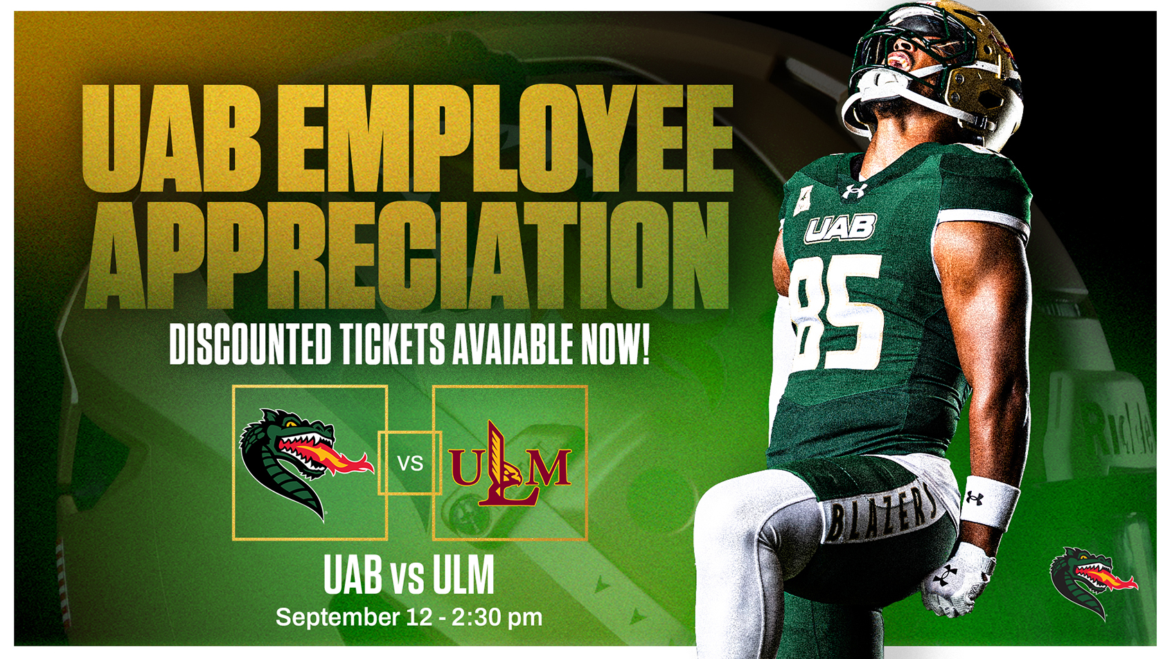UAB employee appreciation discounted tickets available now for UAB Football vs ULM September 12.