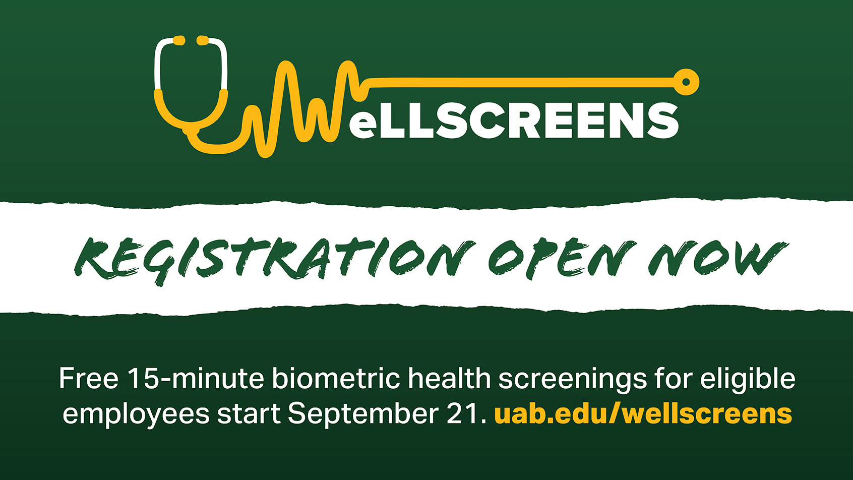 Wellscreens: Registration open now. Free 15-minute health screenings for eligible employees start September 21.