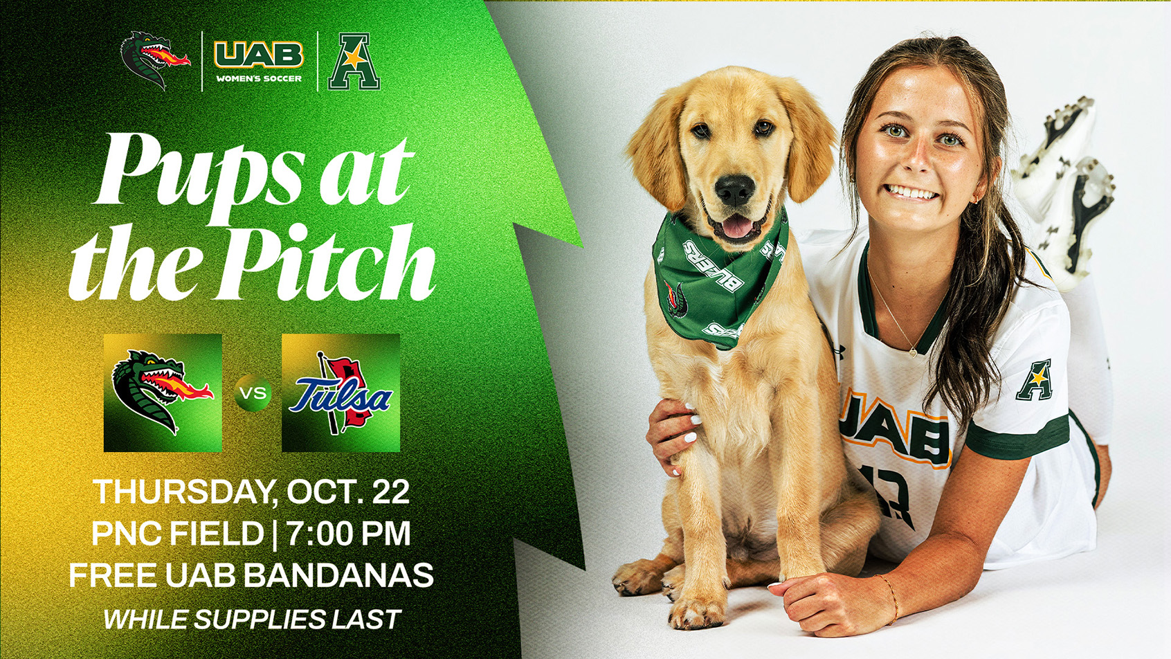 Women's Soccer: Pups at the Pitch - UAB vs Tulsa, Thursday, October 22, 7:00pm at PNC Field. Free UAB bandanas while supplies last.