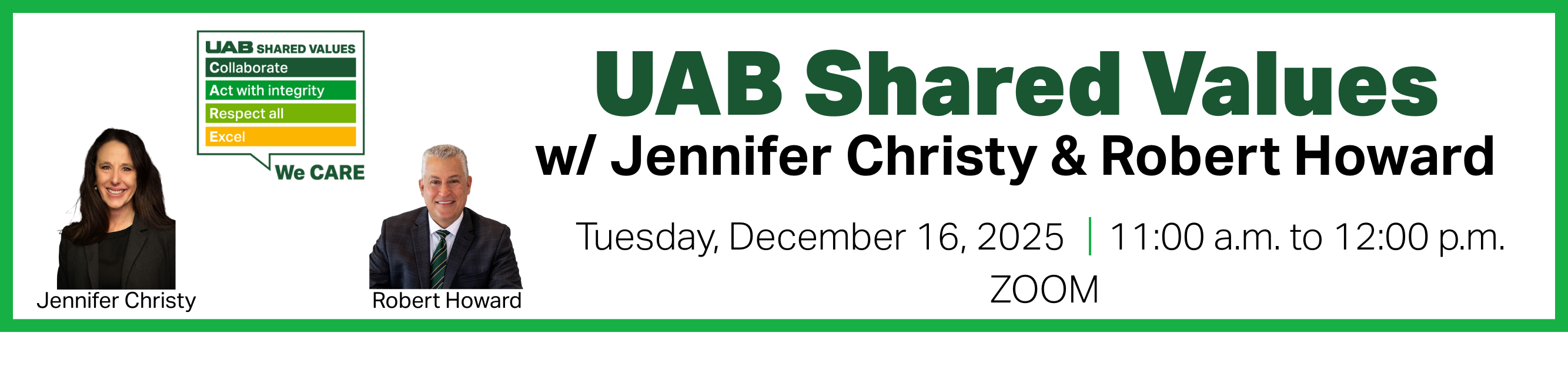 Register for UAB Shared Values, Jennifer Christy and Robert Howard, Tuesday, December 16, 2025, from 11:00 a.m. to 12:00 p.m., Zoom
