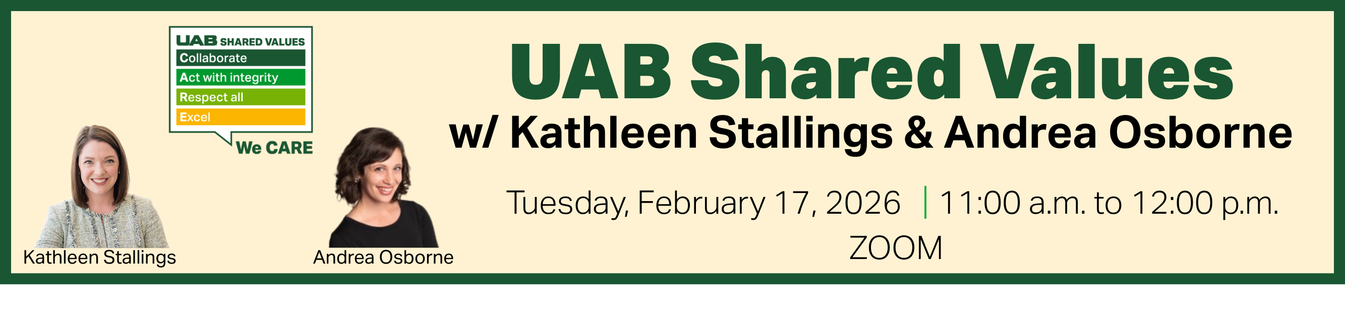 Register for UAB Shared Values, Kathleen Stallings and Andrea Osborne, February 17, 2026, 11:00 a.m. to 12:00 p.m., Zoom