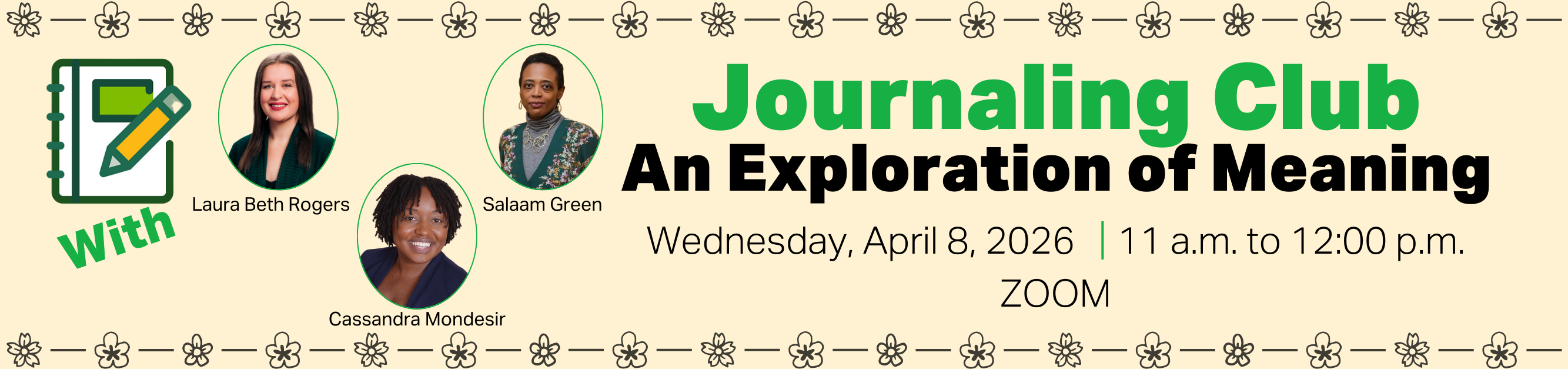 Register for Journaling Club, An Exploration of Meaning, Wednesday, April 8, 2026, from 11:00 a.m. to 12:00 p.m., Zoom
