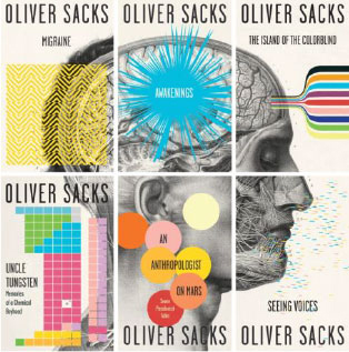 Six Oliver Sacks books arranged in a collage, including An Anthropologist on Mars