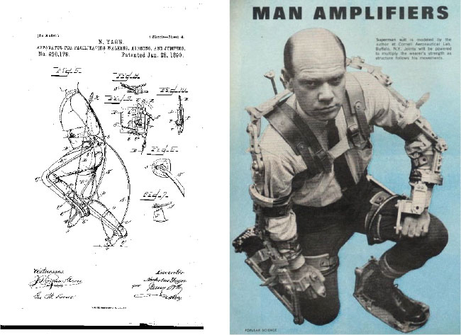 First patented exoskeleton design (left) and Cornell’s “Man Amplifier” (right).
