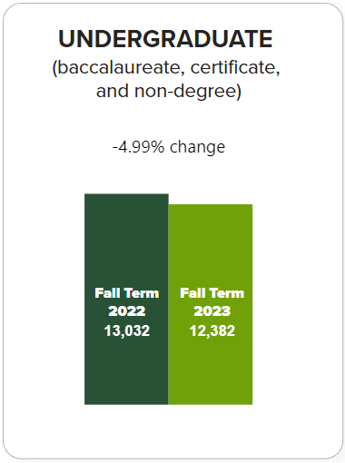 Fall 2023 undergraduate (baccalaureate, certificate and non-degree) enrollment is 12,382 compared to Fall 2022 enrollment of 13,032, a change of -4.99%.