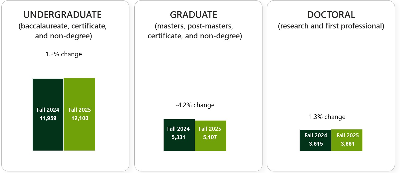 Column charts comparing undergraduate, graduate and doctoral enrollments from Fall 2024 to Fall 2025.   Fall 2025 undergraduate enrollment is 12,100 (+1.2%), graduate enrollment is 5,107 (-4.2%), doctoral enrollment is 3,661 (+1.3%).