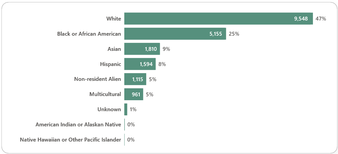 Barchart showing Fall 2026 enrollment by IPEDS race/ethnicity.  White 9548 or 47%, Black 5155 or 25%, Asian 1810 or 9%, Nonresident Alien 1115 or 5%, Hispanic 1594 or 8%, Multicultural 961 or 5%, Unknown 152 or 1%, American Indian or Alaskan Native 25 or 0%, Native Hawaiian or Other Pacific Islander 9 or 0%.