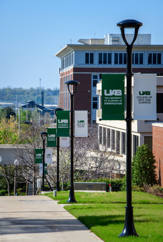 UAB & CAS banners on lamp posts, a sidewalk on the left, grass and buildings to the right. 