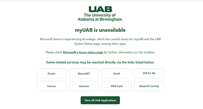 UAB emergency portal page implemented during major outage
