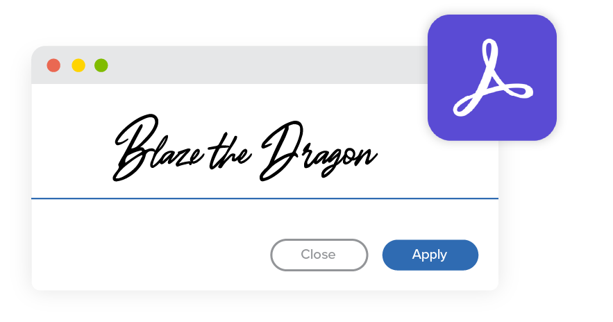 Adobe Sign interface showing a signature being applied to a document