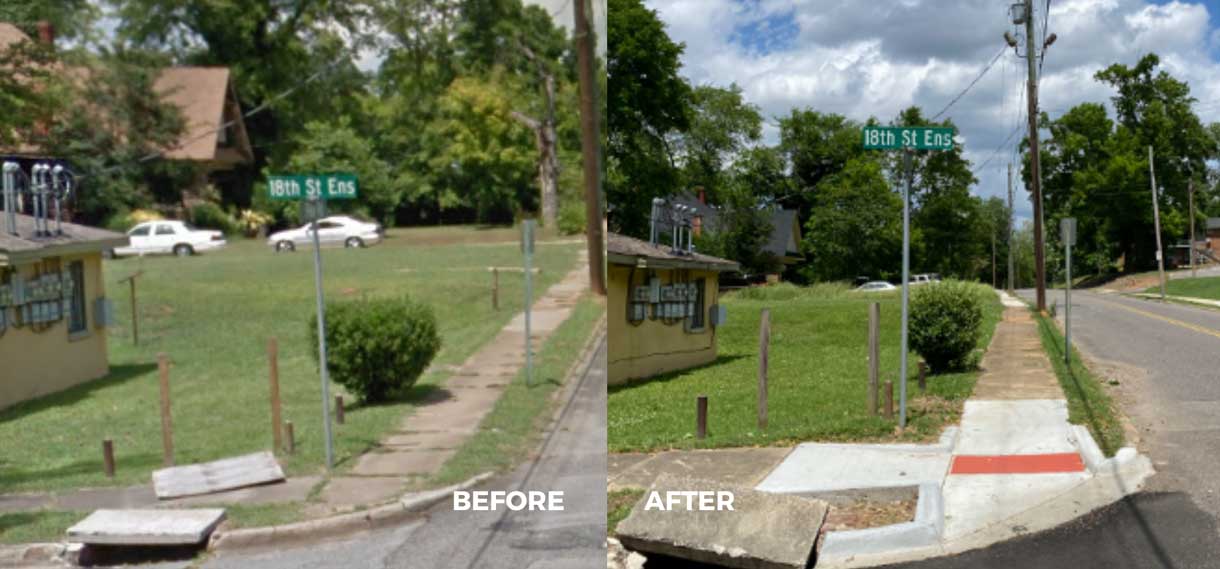 Before & after of a corner with a new disability ramp installed.