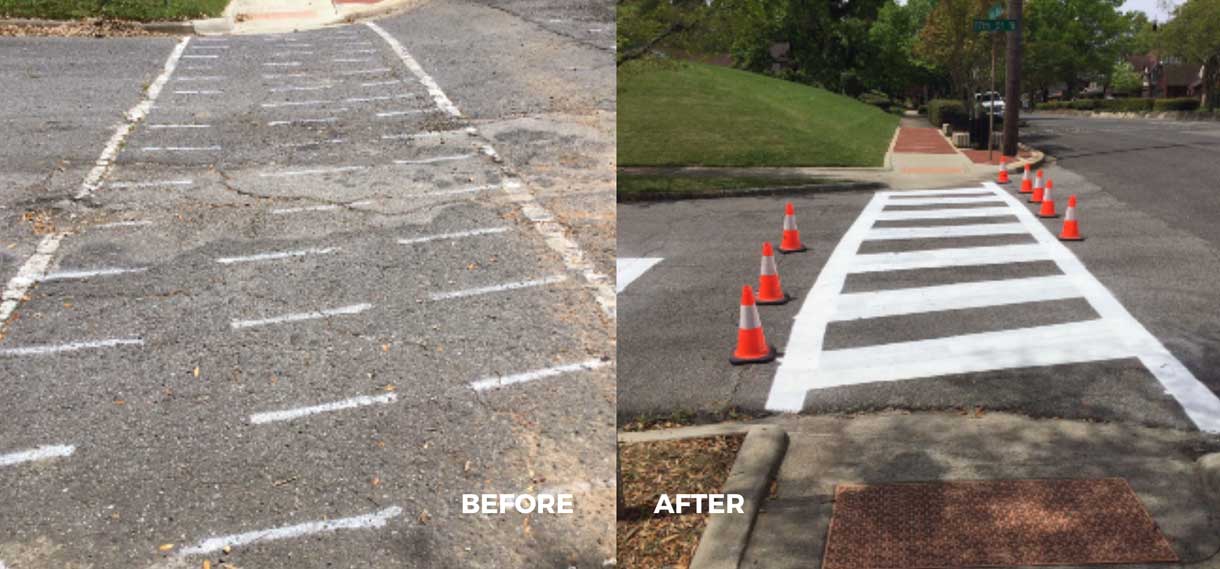 Before & after of a crosswalk, from broken pavement and spray paint to smooth pavement and road paint.