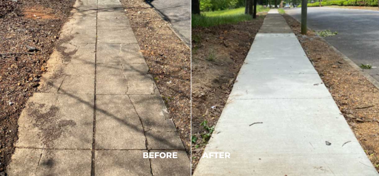 Before & after of a repaired sidewalk with dirt on either side.