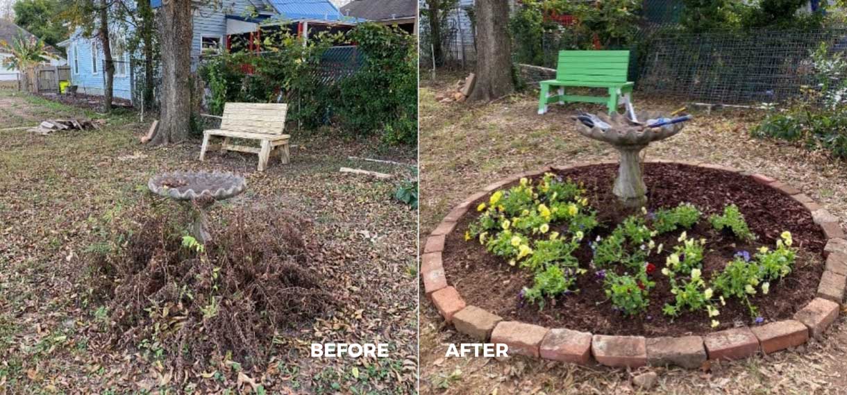 Before & after of a birdbath, previously overgrown with weeds, now landscaped with a brick border.