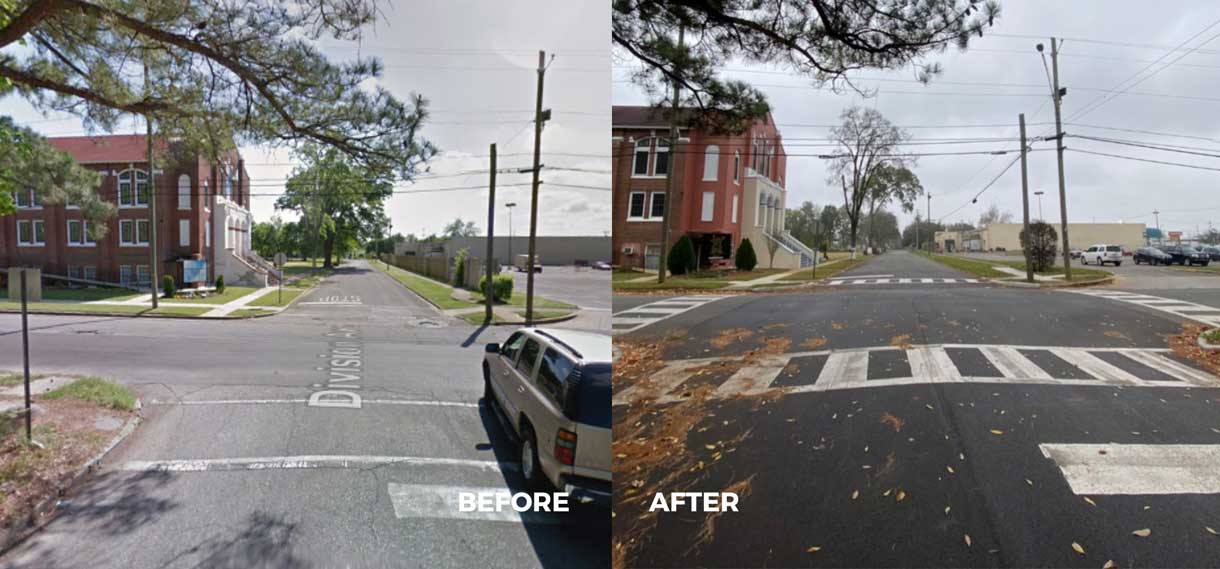 Before & after of a 4-way stop, now with painted crosswalks.