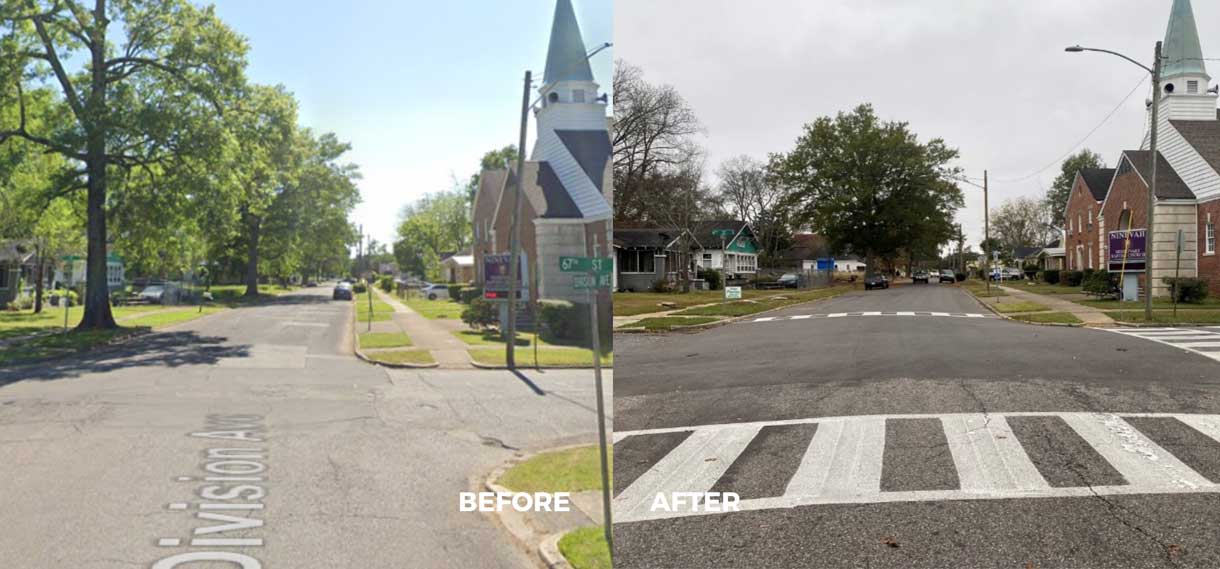 Before & after of a 4-way stop, now with painted crosswalks.