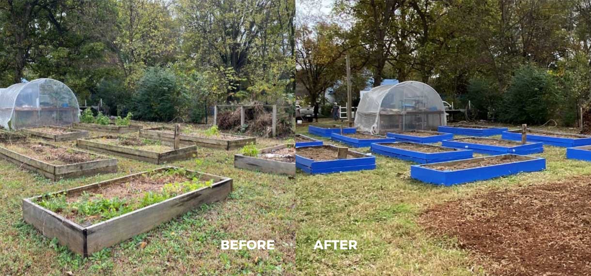 Before & after of community garden plots.