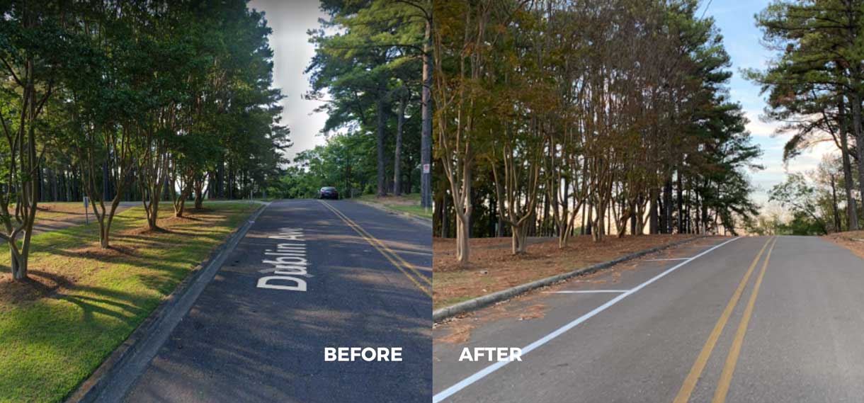 Before & after of a street, now with marked parking spaces.