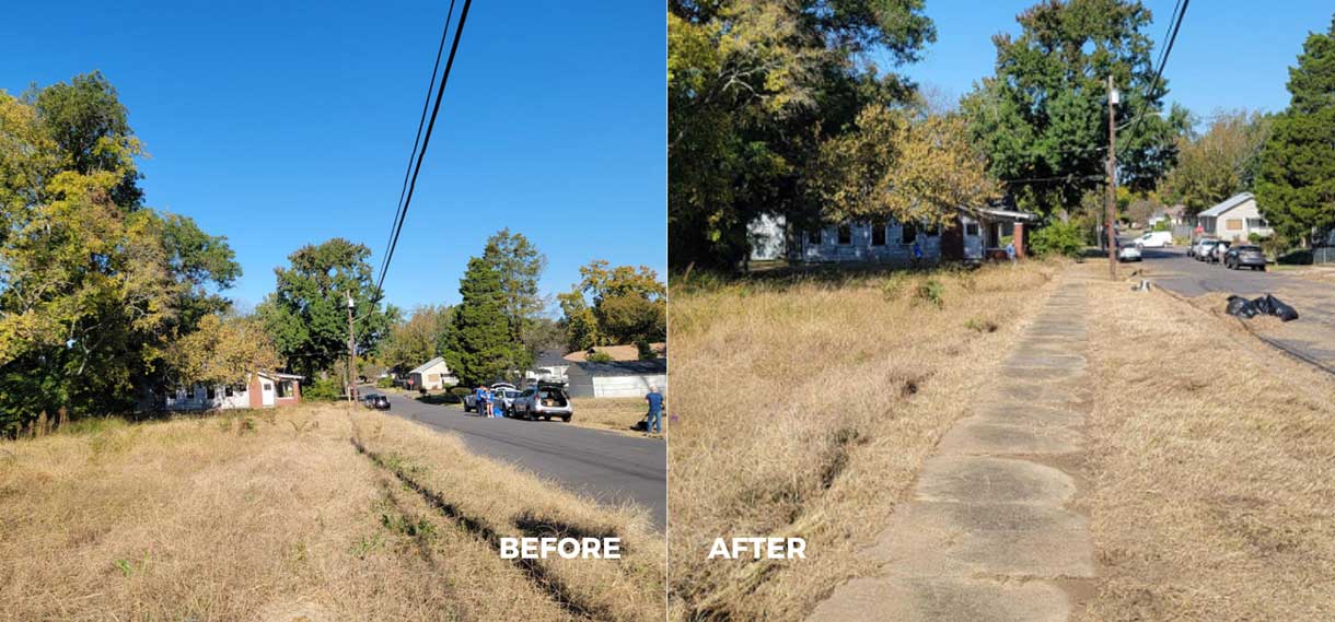 Before & after pictures of a completely overgrown sidewalk and after it has been cleared.