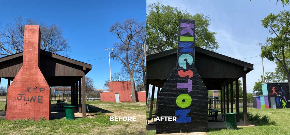 Before & after of the Kingston BBQ pit, previously graffitied, now with a colorful mural reading Kingston.