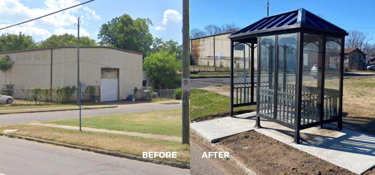 Before & after - new bus shelter where there had been only a pole.