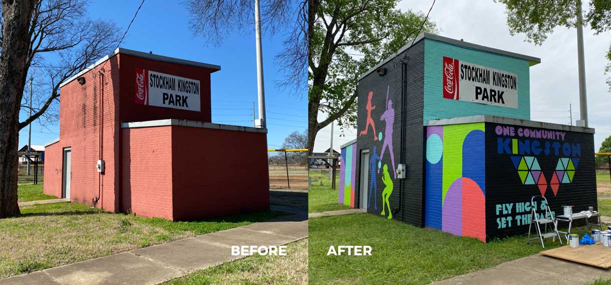Before & after of the brick Kingston concession stand, now multicolored and covered in murals.