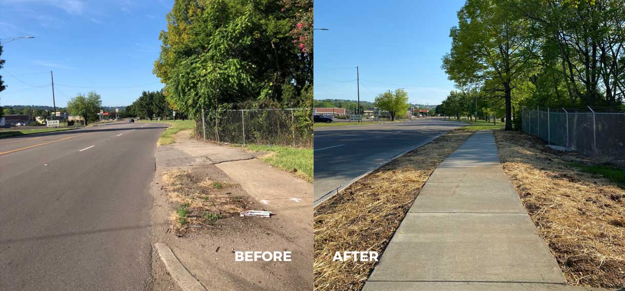 Before & after of repaired curb and sidewalk.