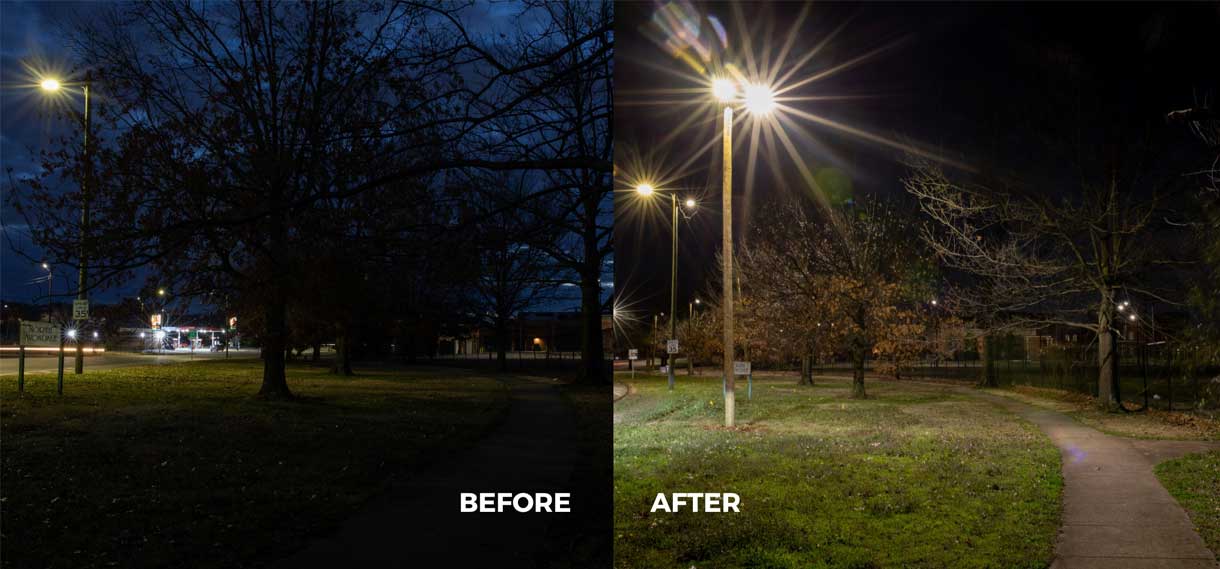 Before & after of new lighting brightening a very dark sidewalk.