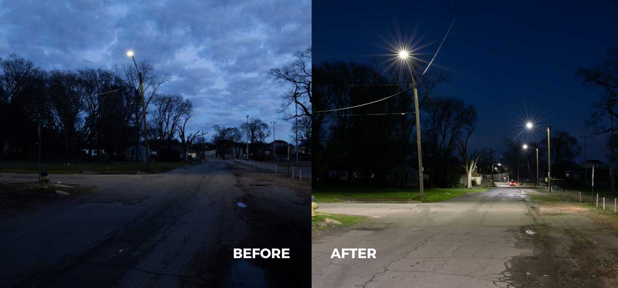 New streetlights illuminate a road.