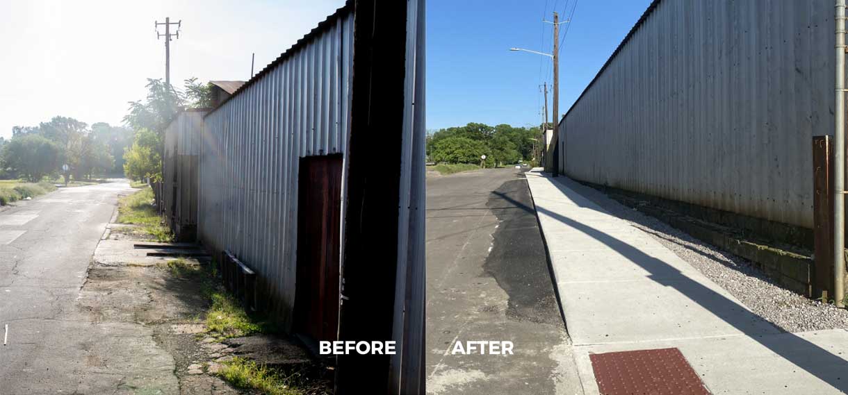 Before & after of a new sidewalk along the side of a building and street.