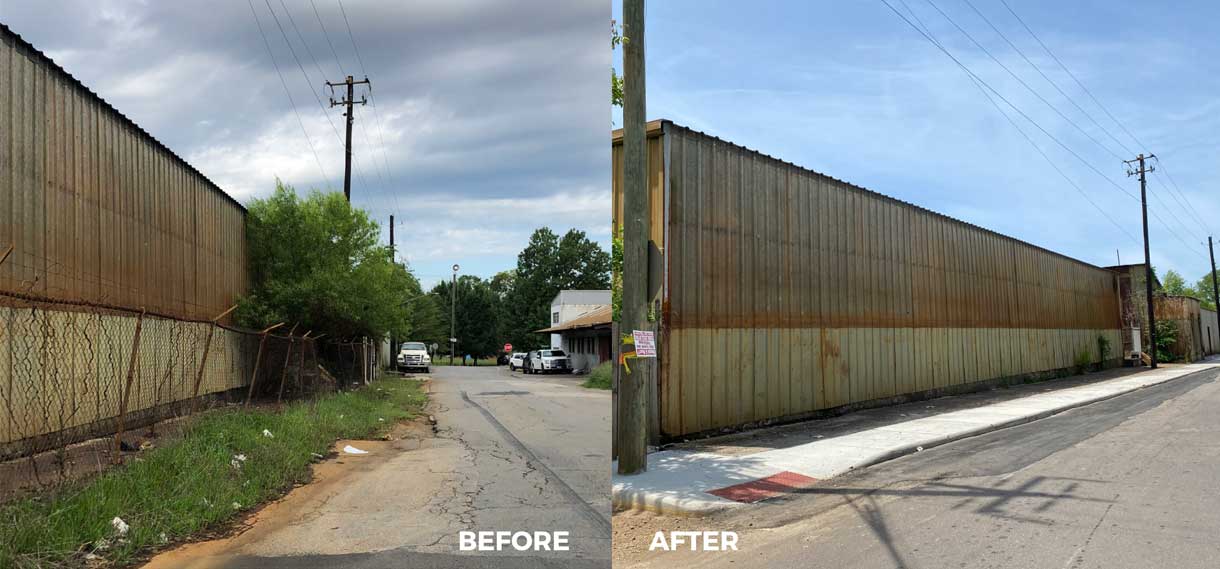 Before & after of a new sidewalk along the side of a building and street.