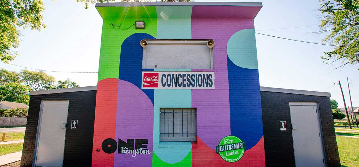 Another view of the Kingston concession stand and its murals, focusing on the concessions window.