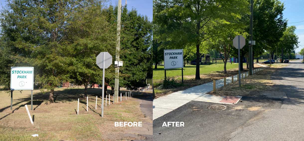 Before & after of Stockham Park with a new sidewalk.