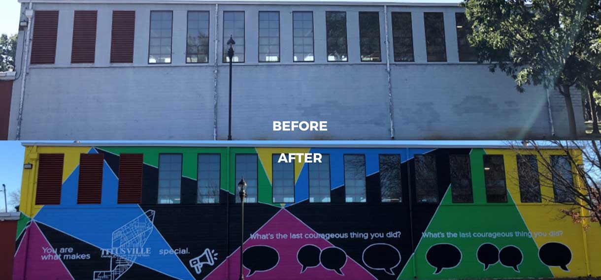 Before & after of the new mural (plain white building vs. multicolor wall with messages).