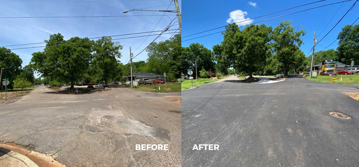 Before & after of a newly paved road.