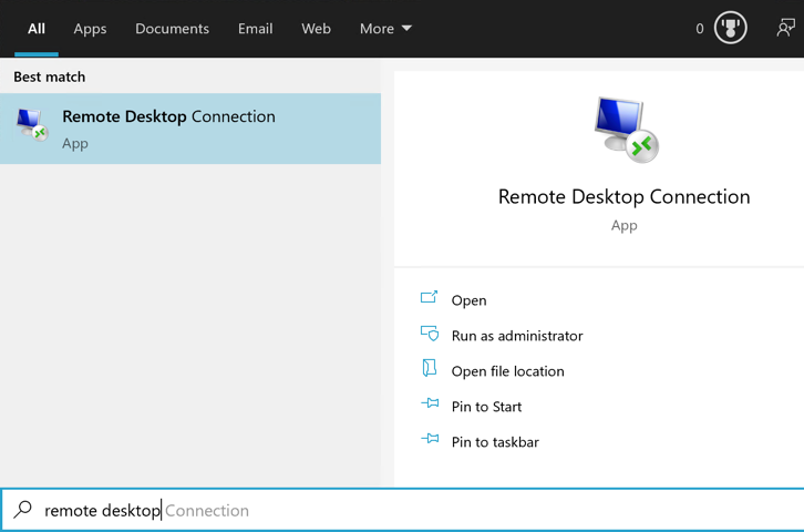 Open Remote Decktop Connection on Windows 10