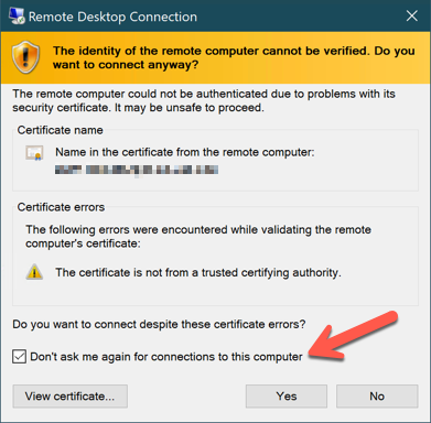Server identity certificate warning