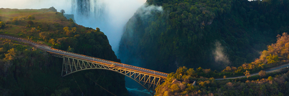 Image of Victoria Falls in Zambia from the air in the afternoon