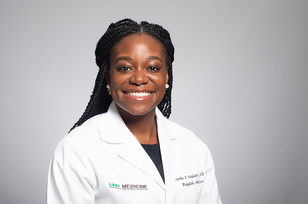 Headshot of Dr. Karla Williams, MD (Assistant Professor, General Internal Medicine) in white medical coat, 2019.