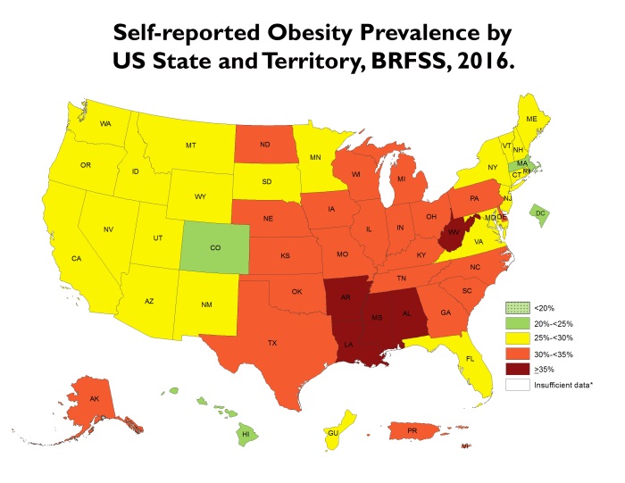 Map showing prevalence of obesity in the United States