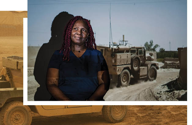 An image of Rosylen Quinney. An african american woman, in navy blue scrubs with a projected image of military humvees blurring the boundaries of figure and foreground. 