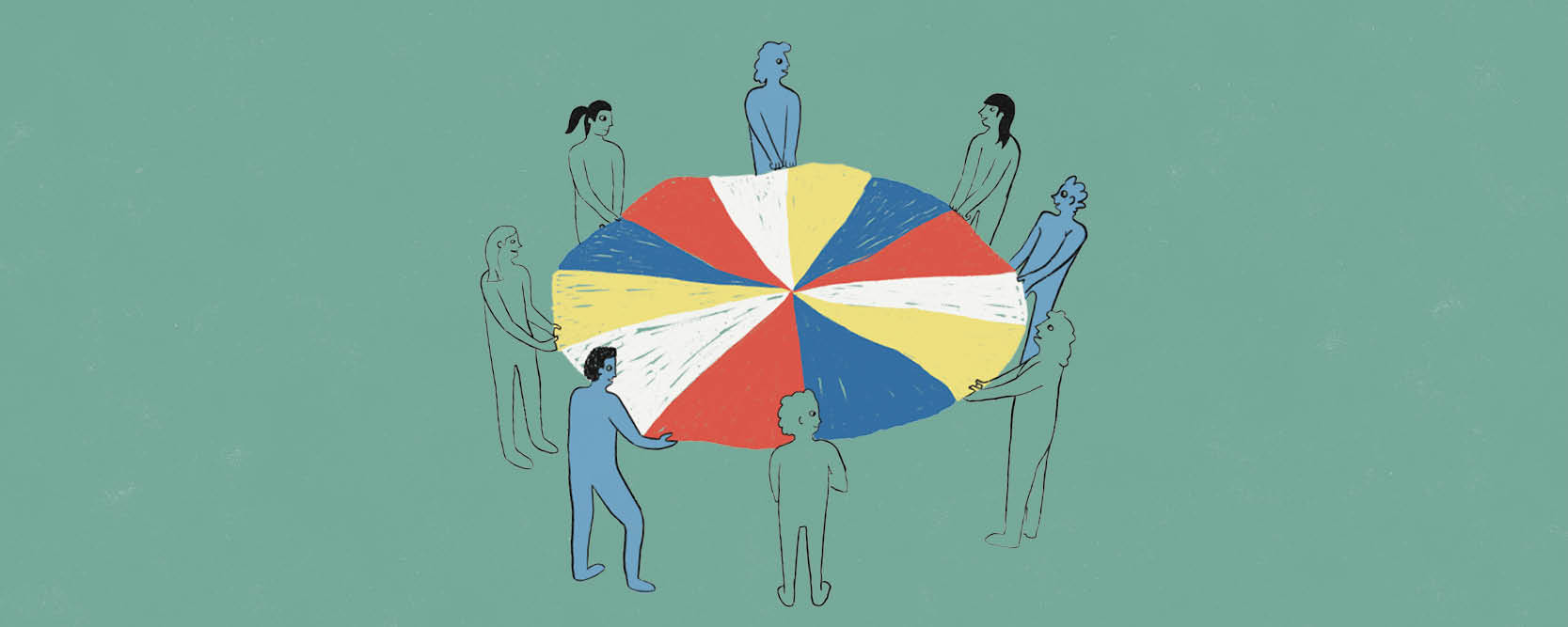 A hand-drawn illustration of people gathered around a multicolored play-parachute.