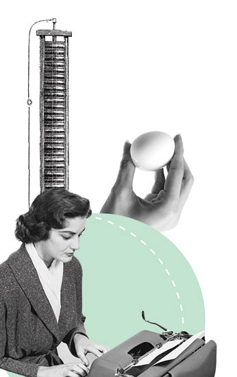 A collage illustration featuring a hand holding a boiled egg, a vintage illustration of a heating coil, and a 50's era secretary typing on a typewriter. 