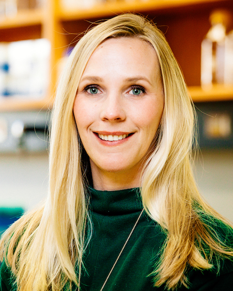 Environmental head shot of Dr. Cristin Gavin, PhD (Assistant Professor, Neurobiology) taking in a laboratory in the Shelby Biomedical Research Building, 2018.