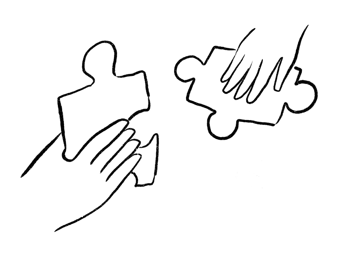 A drawing of two hands holding puzzle pieces.