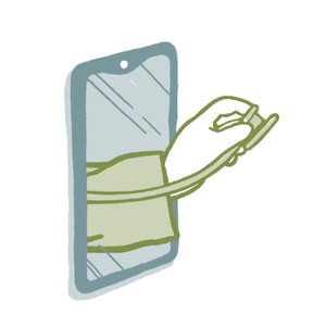 Animated illustration of an arm extending out of a tablet screen with the hand holding a stethoscope.