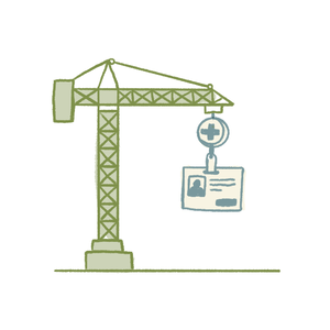 Animated illustration of a construction crane lifting a medical identification badge.