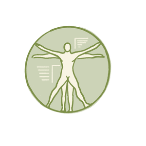 Animated illustration of a human figure with outstretched arms and legs inside a circular design, resembling Leonardo da Vinci’s Vitruvian Man. Simple text-like lines appear around the figure.