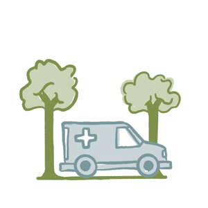 Animated illustration of an ambulance driving between two trees.